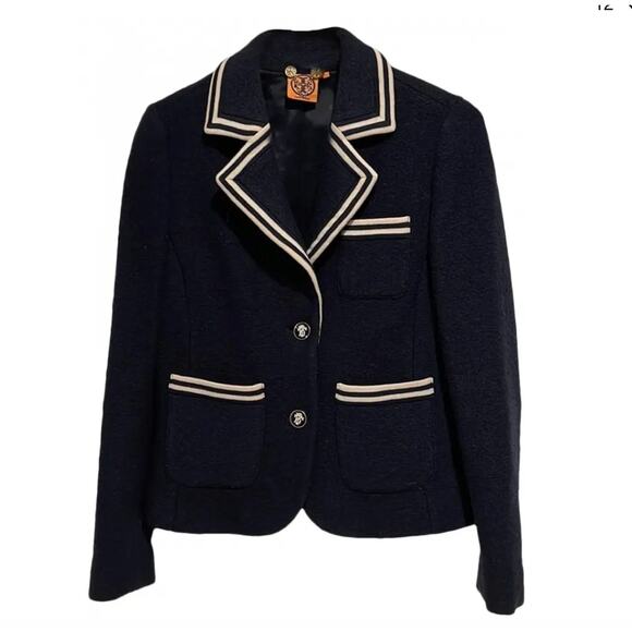 Tory Burch Nautical Wool Blazer Blue and White Size Medium EUC - Picture 1 of 6